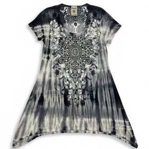VOCAL Tie Dye Mandala Tunic Top | Boho Graphic Flowy Tee | Asymmetrical Hem | XL
